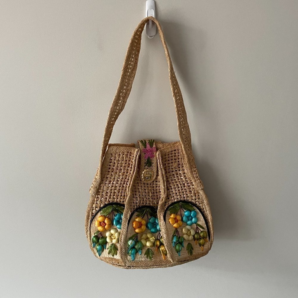 Vintage Crossbody Bag Woven Wicker Straw Floral Boho Brown 11x13 - Picture 2 of 7